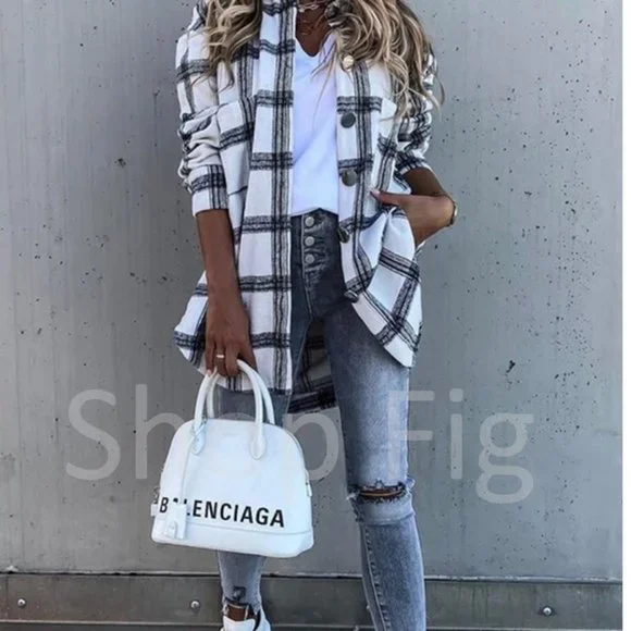 New Plaid Stripe Flannel Shirt Jacket Shacket Top Oversized - Picture 5 of 8